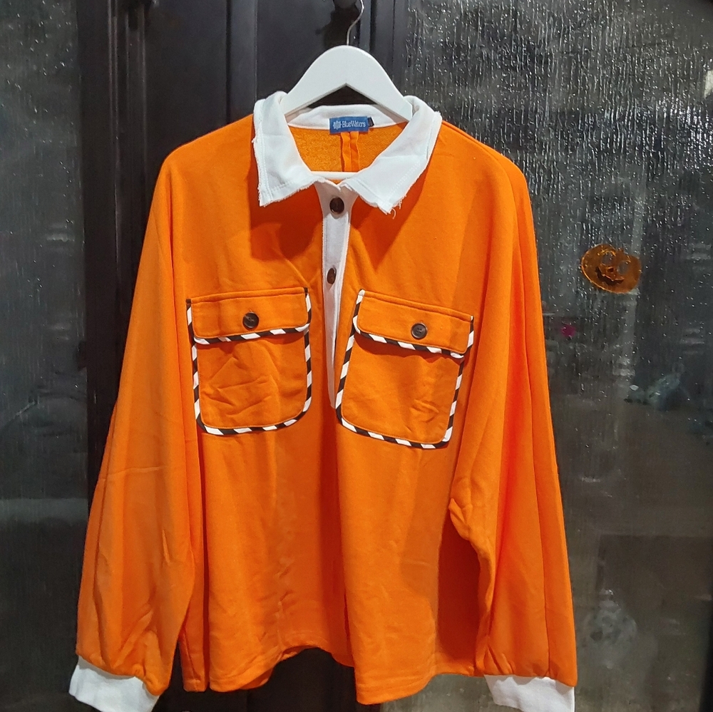 💚Blue Waters Orange Long-Sleeve Shirt with White Collar